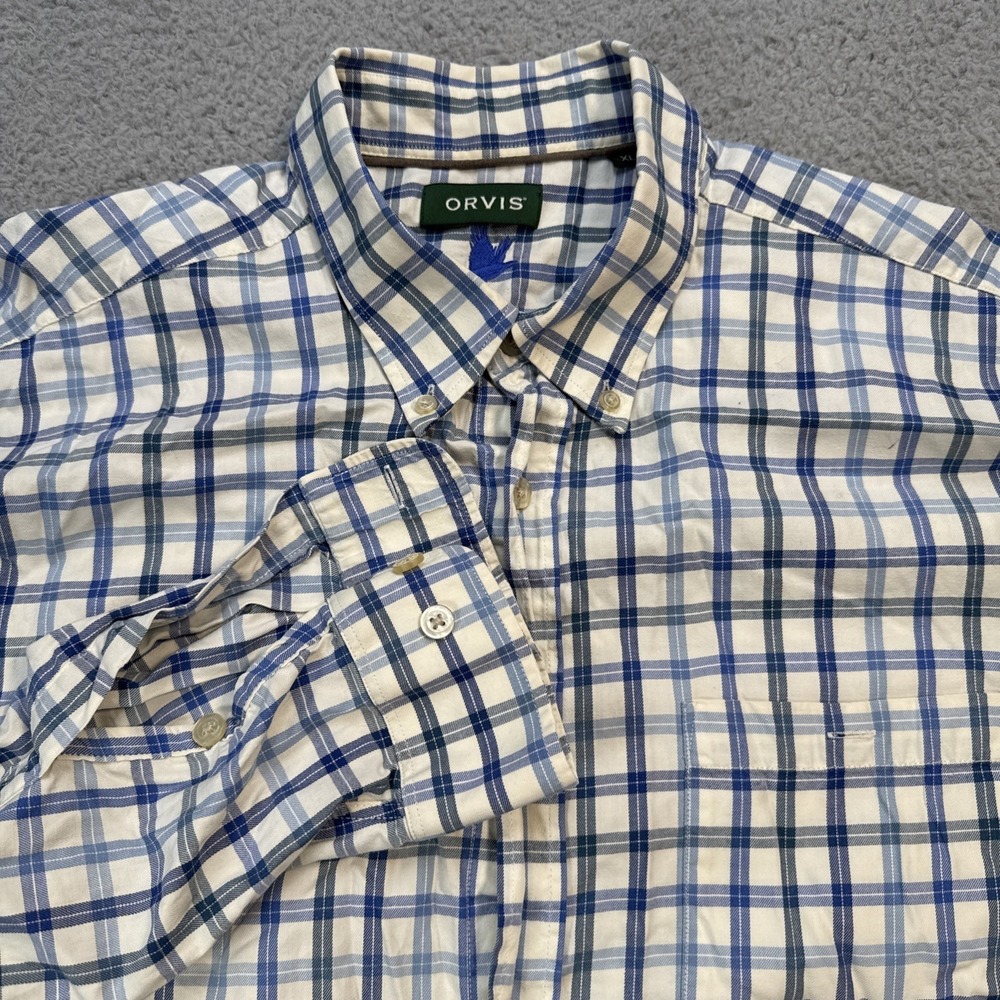 Orvis Country Twill Shirt Mens XL Blue Cotton Long Sleeve Plaid Casual